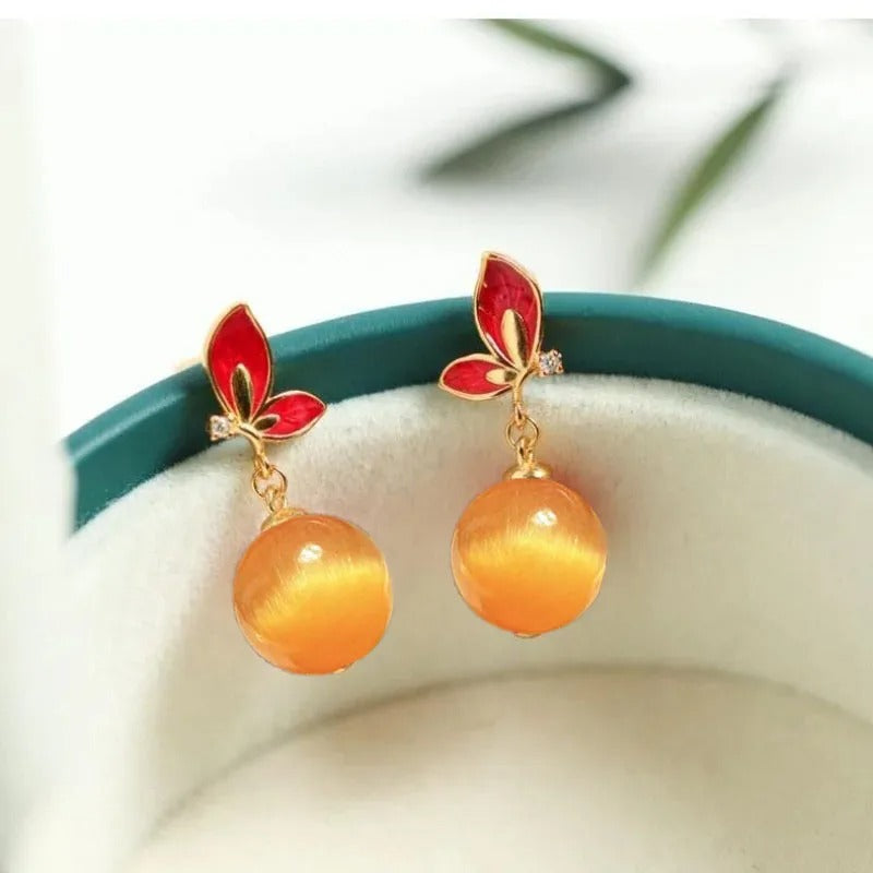Vintage Gold & Red Butterfly Orange Teardrop Earrings-EllyBoutique