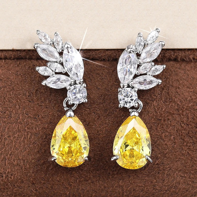 Bright Yellow Pear Zirconia Dangle Earrings-EllyBoutique