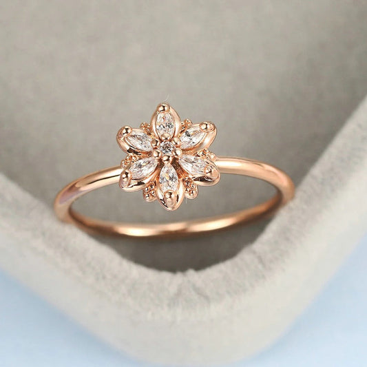 Rose Gold Flower Design & Sparkling Crystal Ring-EllyBoutique