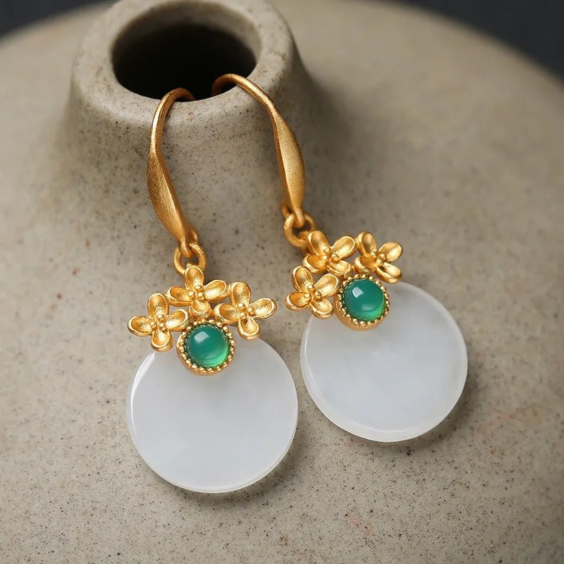 Vintage Gold & Round Green Gemstone Flower Drop Earrings-EllyBoutique