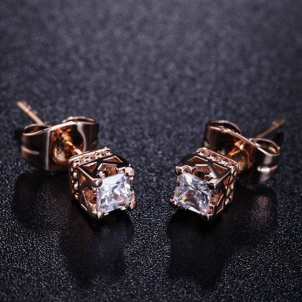 Rose Gold Princess-Cut Crystal Crown Earrings-EllyBoutique