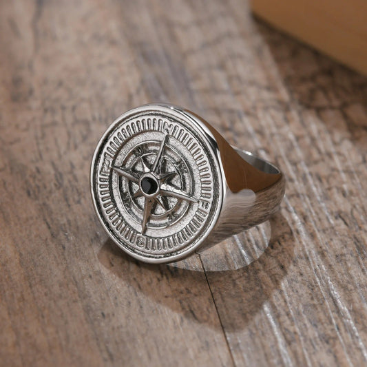 Silver Compass Wheel Design & Dark Stone Ring-EllyBoutique