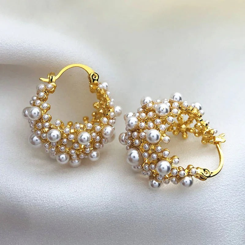 Vintage Gold Pearl Cluster Design Hoop Earrings-EllyBoutique