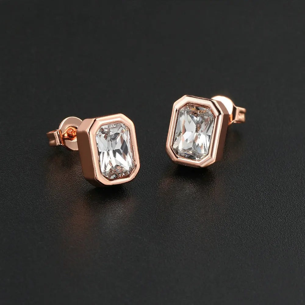 Vintage Rose Gold Rectangular-Cut Crystal Earrings-EllyBoutique
