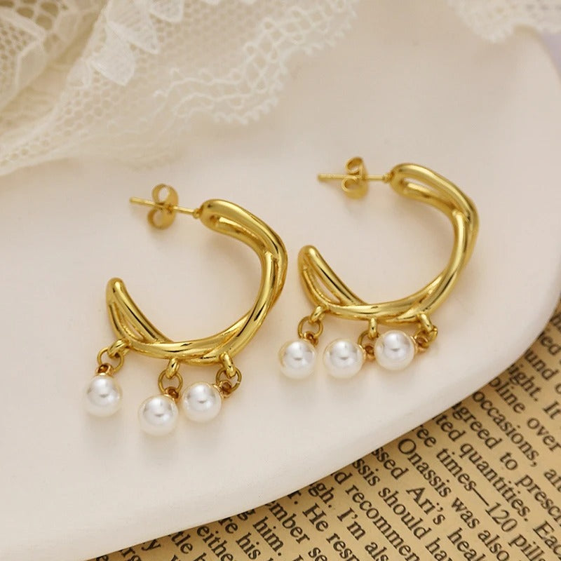 Gold White Pearl Charm Hoop Earrings-EllyBoutique
