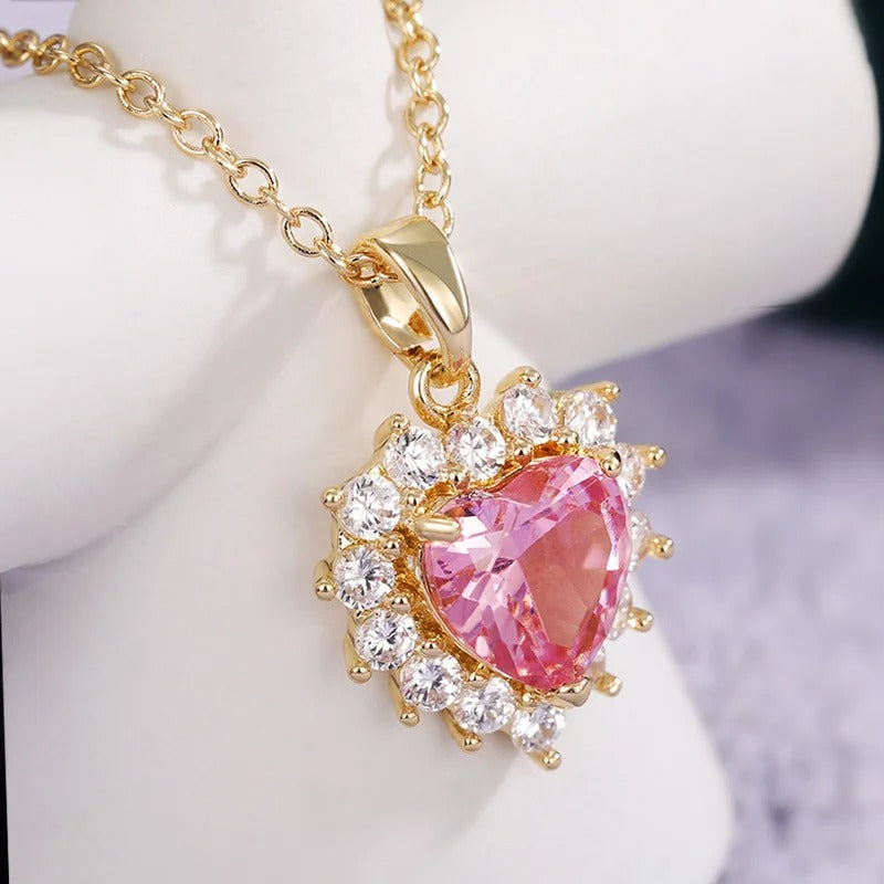 Vintage Gold Pink Heart & Crystal Necklace-EllyBoutique