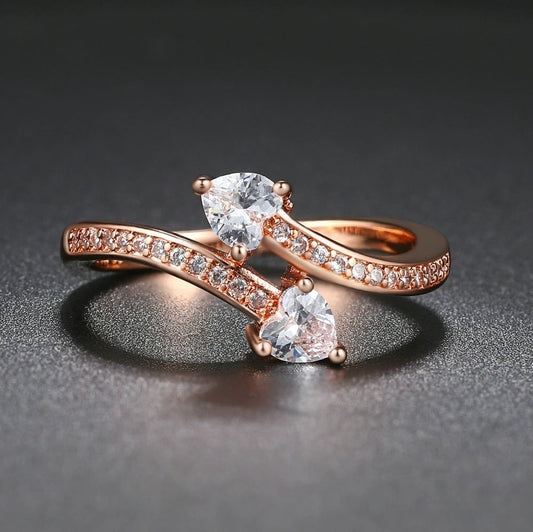 Rose Gold Two Heart Crystals & Paved Crystal Band Ring-EllyBoutique