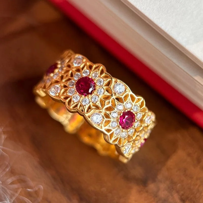 Classic Gold & Micro Inlay Ruby Sunflower Adjustable Ring-EllyBoutique