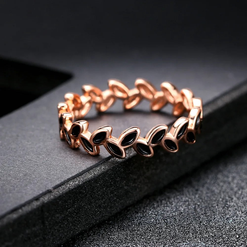 Rose Gold Leaf Motif & Black Accent Ring-EllyBoutique