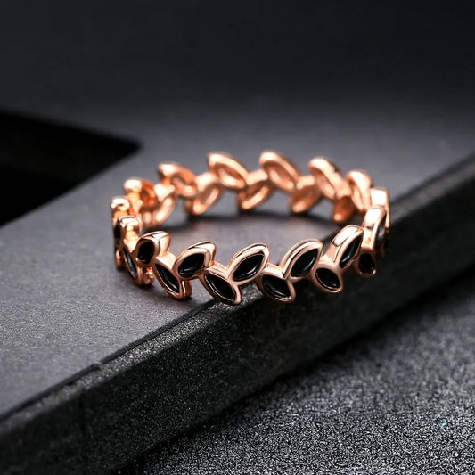 Rose Gold Leaf Motif & Black Accent Ring-EllyBoutique