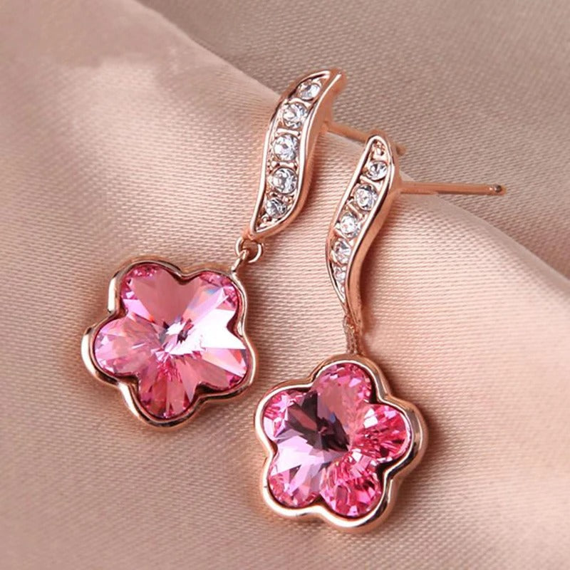Sparkling Pink Crystal Charming Floral Earrings-EllyBoutique