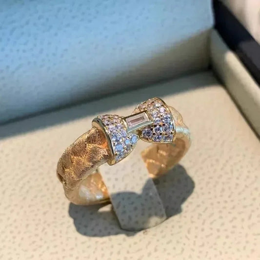 Retro Gold & Crystal Baguette Bow Adjustable Ring-EllyBoutique