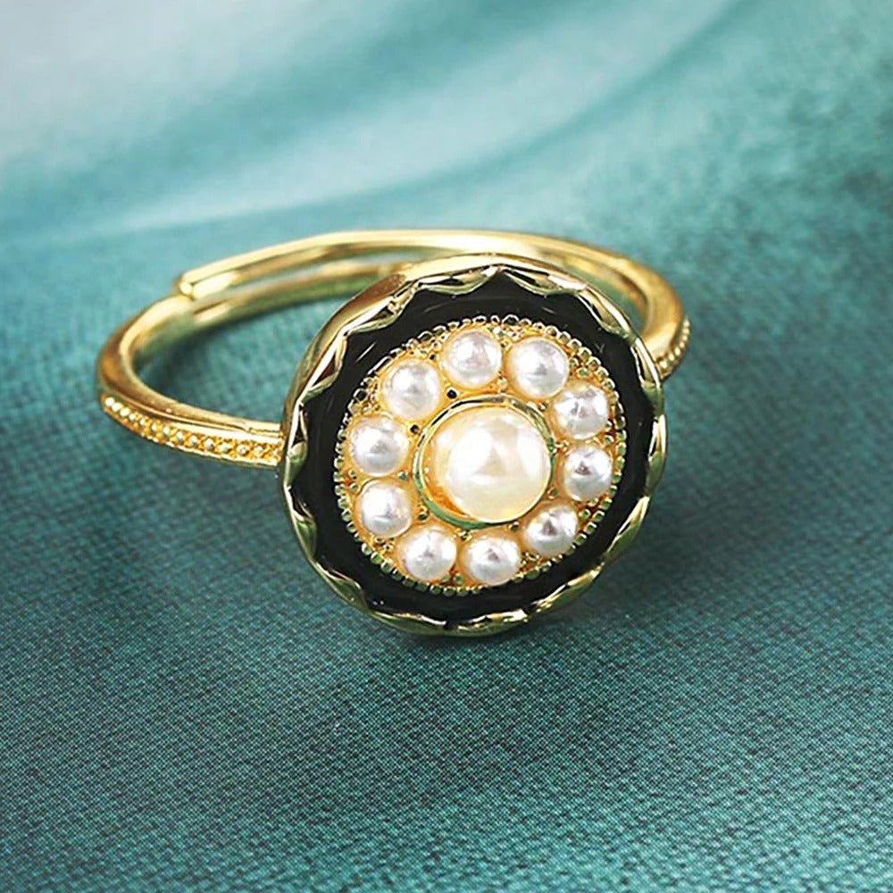 Vintage Gold Black Enamel & Radiant Pearl Adjustable Ring-EllyBoutique