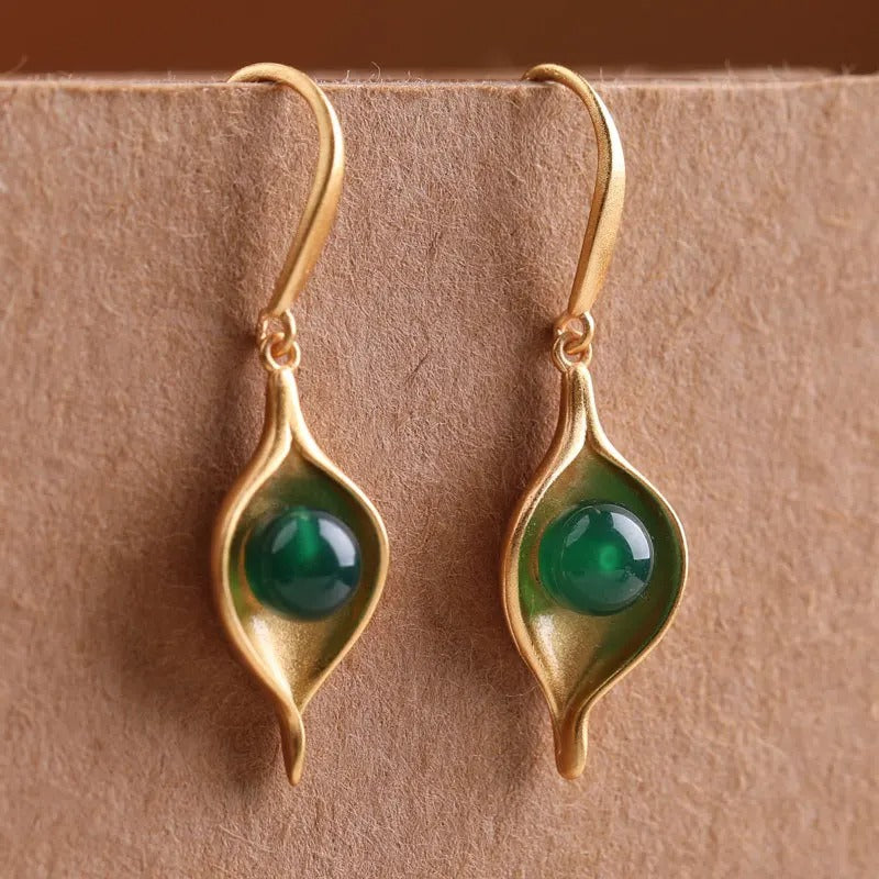 Classic Gold Oval Green Gemstone Leaf Dangle Earrings-EllyBoutique