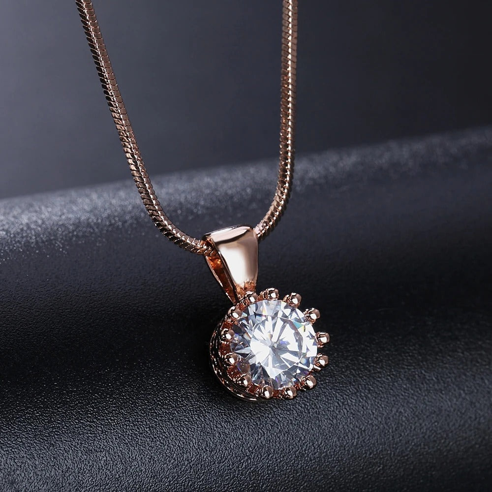 Rose Gold Classic Round Cut Pendant Necklace-EllyBoutique