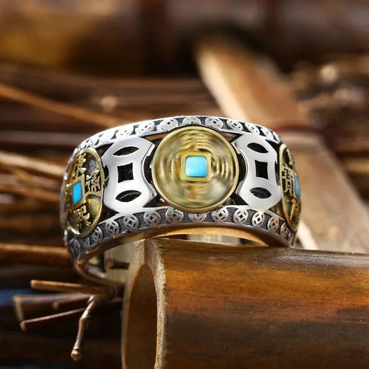Classic Silver Inlaid Copper Coin Turquoise Adjustable Ring-EllyBoutique