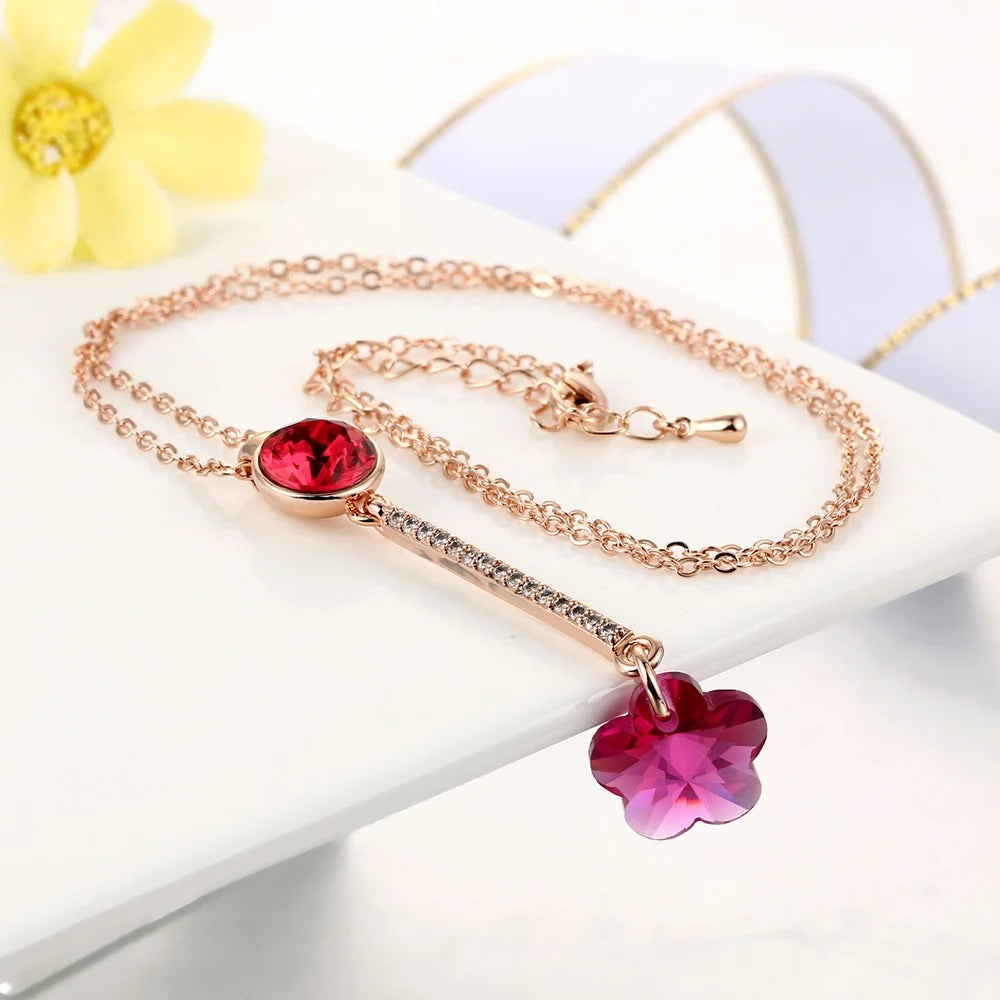 Vintage Rose Gold Red Crystal & Flower Pendant Necklace-EllyBoutique