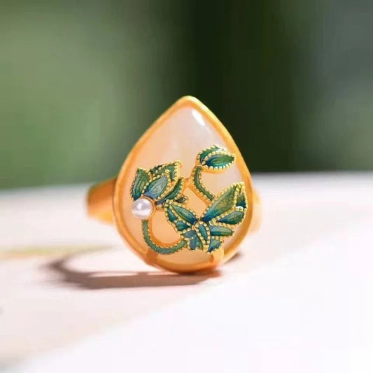 Classic Gold Jade Water Lotus Pearl Adjustable Ring-EllyBoutique