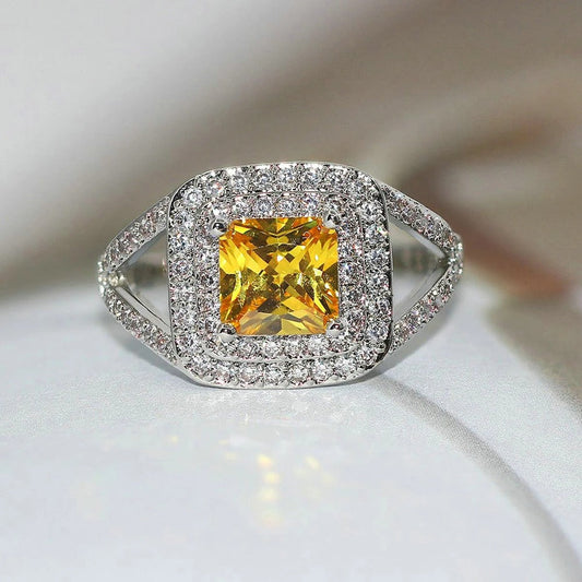 Classic Yellow Gem & Silver Vintage Halo Ring-EllyBoutique