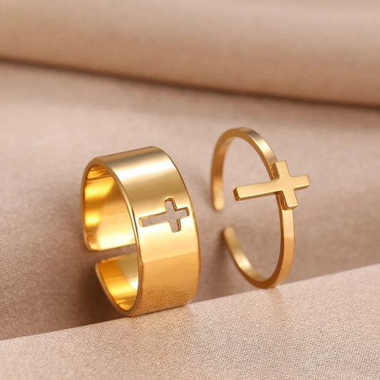 Matching Cross Gold Adjustable Ring Set-EllyBoutique