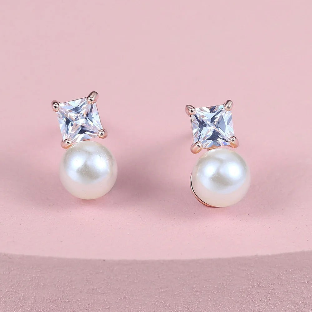 Vintage Rose Gold Square Cut & Pearl Earrings-EllyBoutique