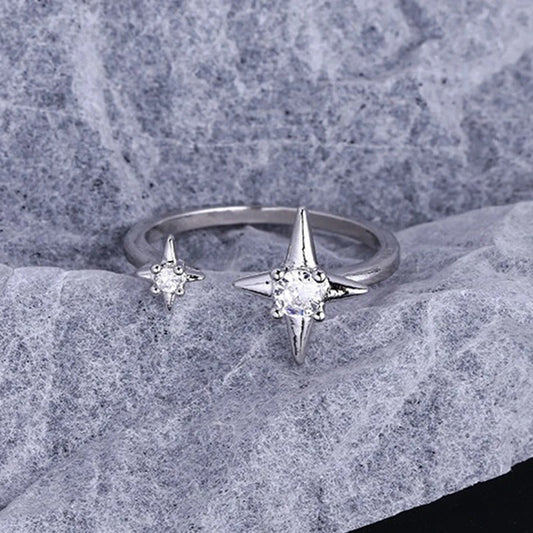 Classic Silver Dual Star & Clear Stone Adjustable Ring-EllyBoutique
