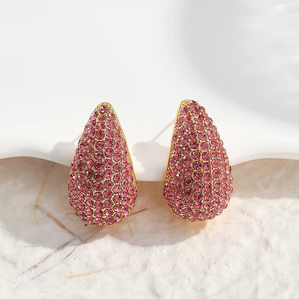 Vintage Pink Crystal Gold Teardrop Earrings-EllyBoutique