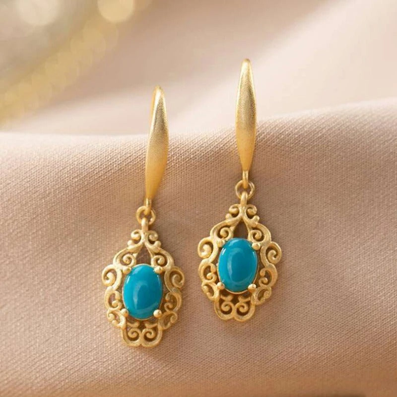 Classic Cut-Out Pattern Exquisite Oval Turquoise Earrings-EllyBoutique