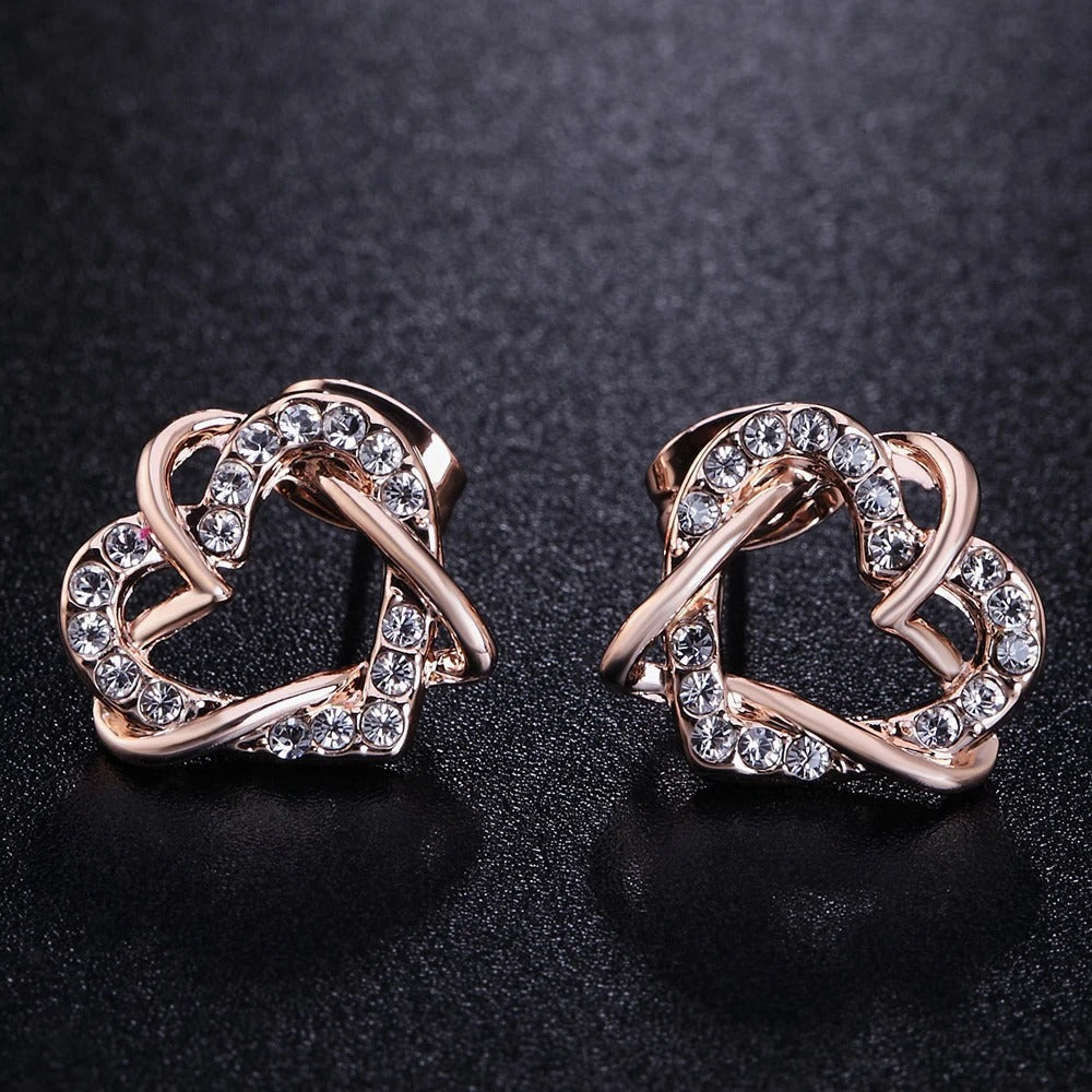 Rose Gold Intertwined Heart Crystal Earrings-EllyBoutique