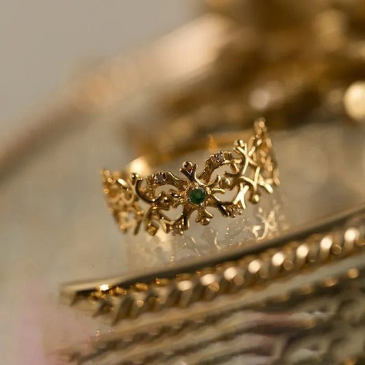 Timeless Gold Snowflake Green Gemstone Adjustable Ring-EllyBoutique