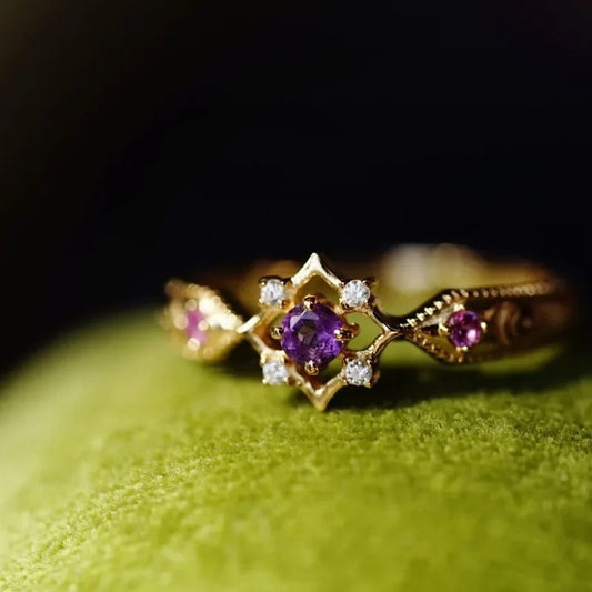 Vintage Gold & Amethyst Purple Crystal Geometric Adjustable Ring-EllyBoutique