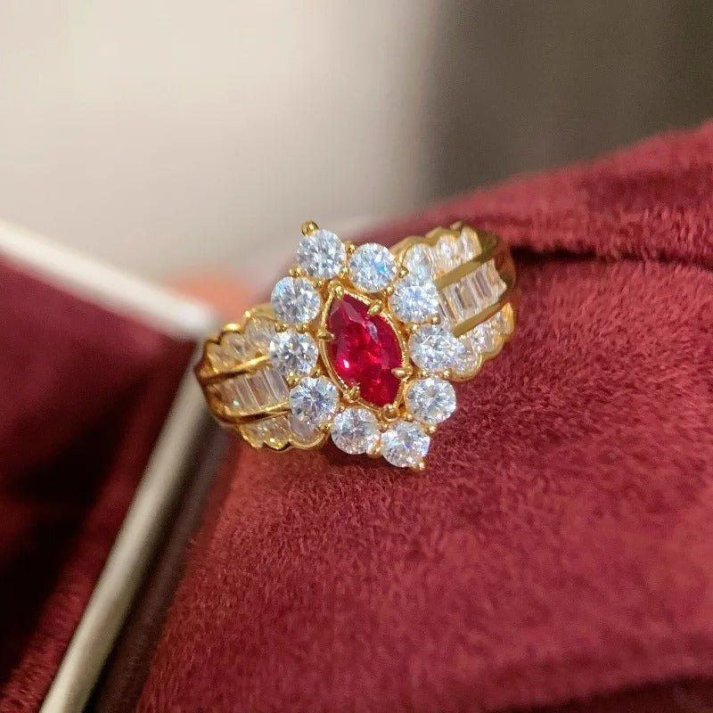 Classic Gorgeous Red & Diamond Gold Adjustable Ring-EllyBoutique