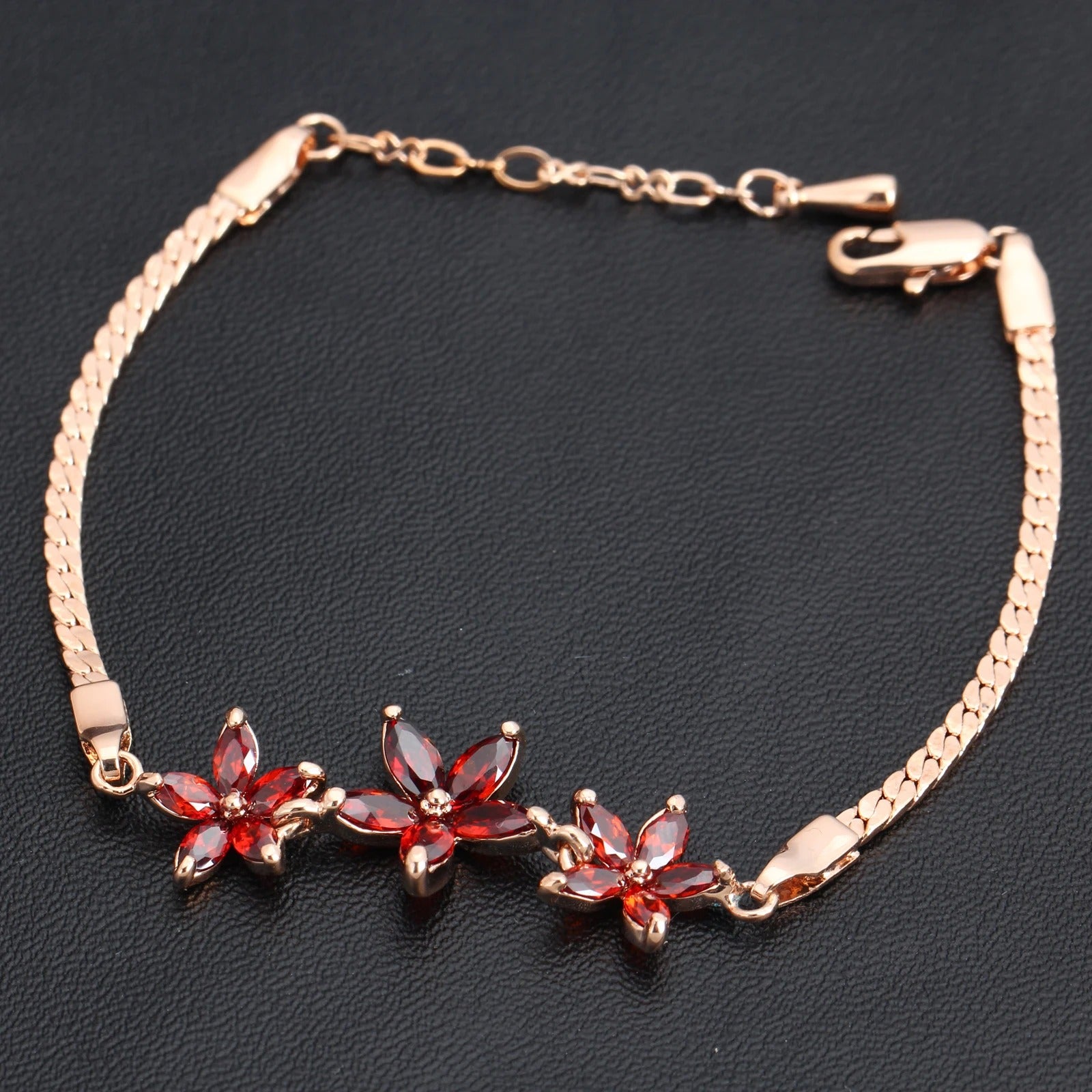 Retro Rose Gold & Three Red Crystal Flower Bracelet-EllyBoutique