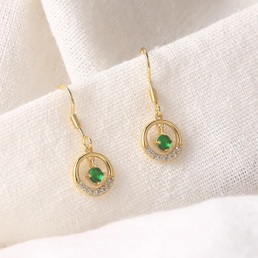 Vintage Gold Green Stone & Sparkling Halo Drop Earrings-EllyBoutique