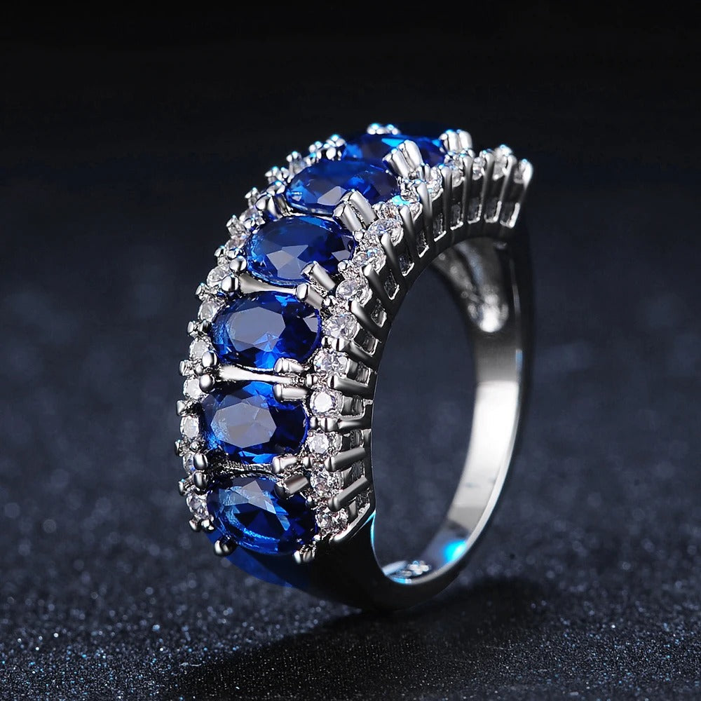 Timeless Blue Gemstone & Silver Halo Ring-EllyBoutique