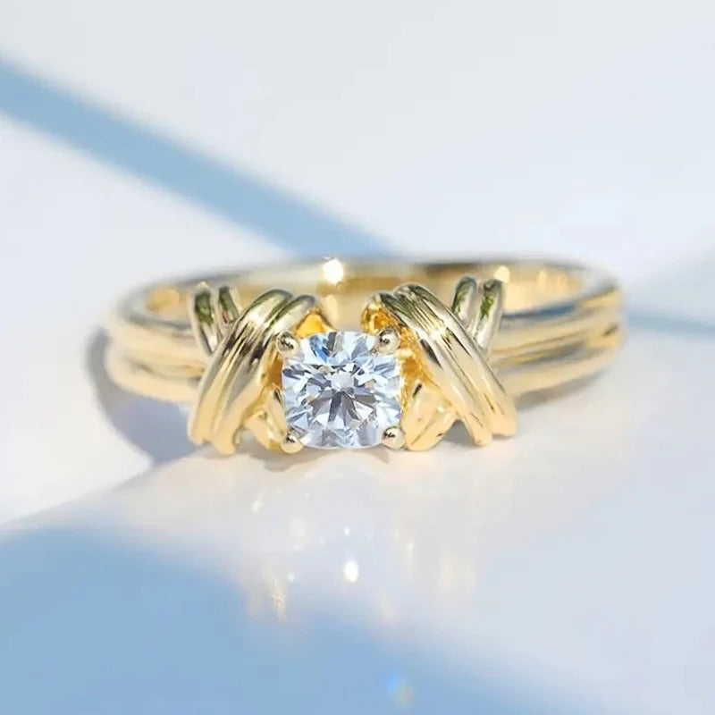 Gold X-Shaped Round Zirconia Ring-EllyBoutique