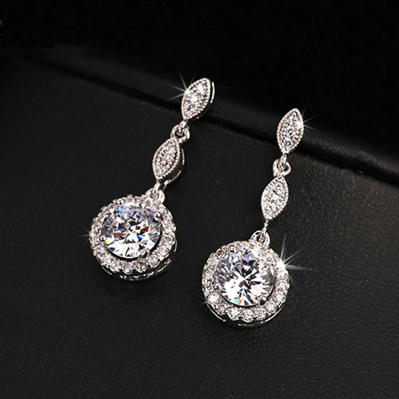 Vintage Silver Sparkling Round Crystal & Leaf Design Earrings-EllyBoutique