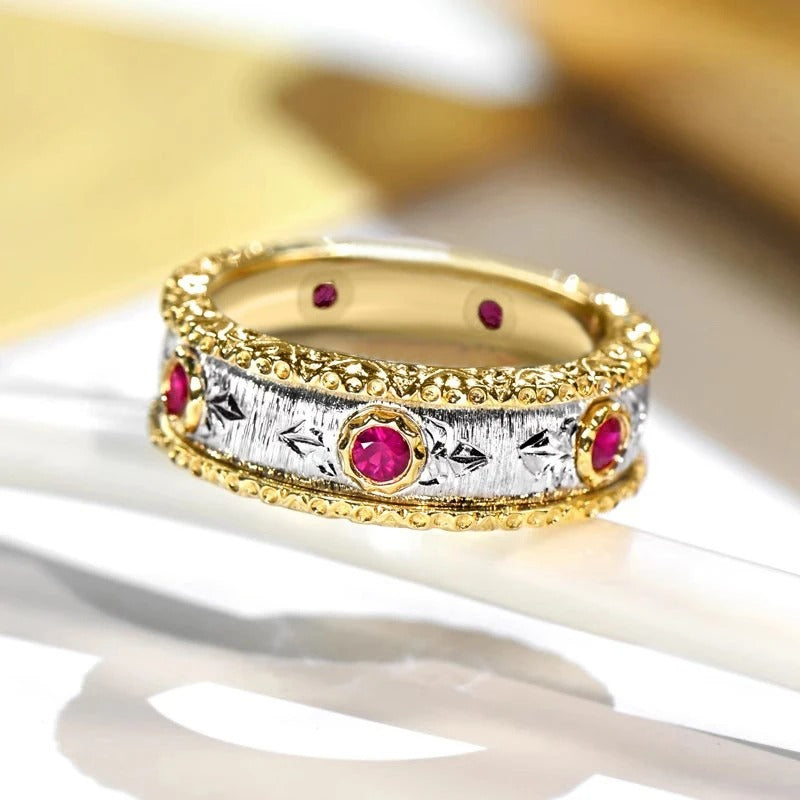 Vintage Red Gemstone Gold Silver Ring-EllyBoutique