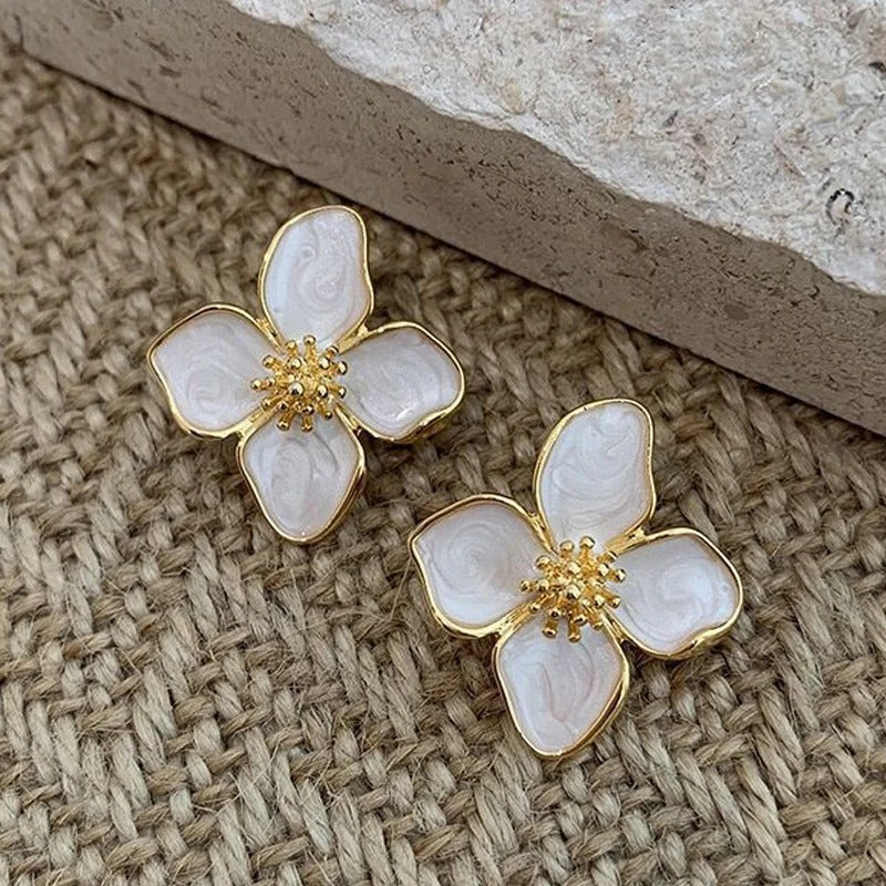 Vintage Gold White Blossom Earrings-EllyBoutique