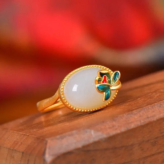 Classic Floral & Oval Gemstone Gold Adjustable Ring-EllyBoutique