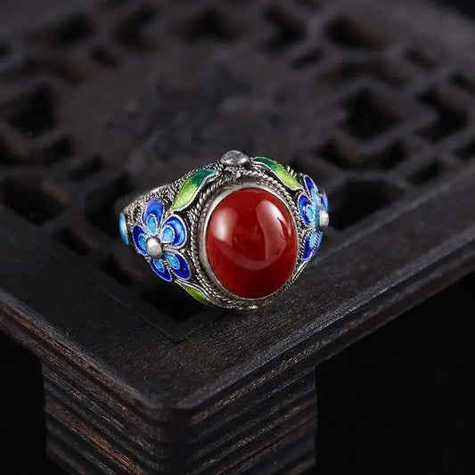 Vintage Silver Inlaid Southern Red Tourmaline Adjustable Ring-EllyBoutique