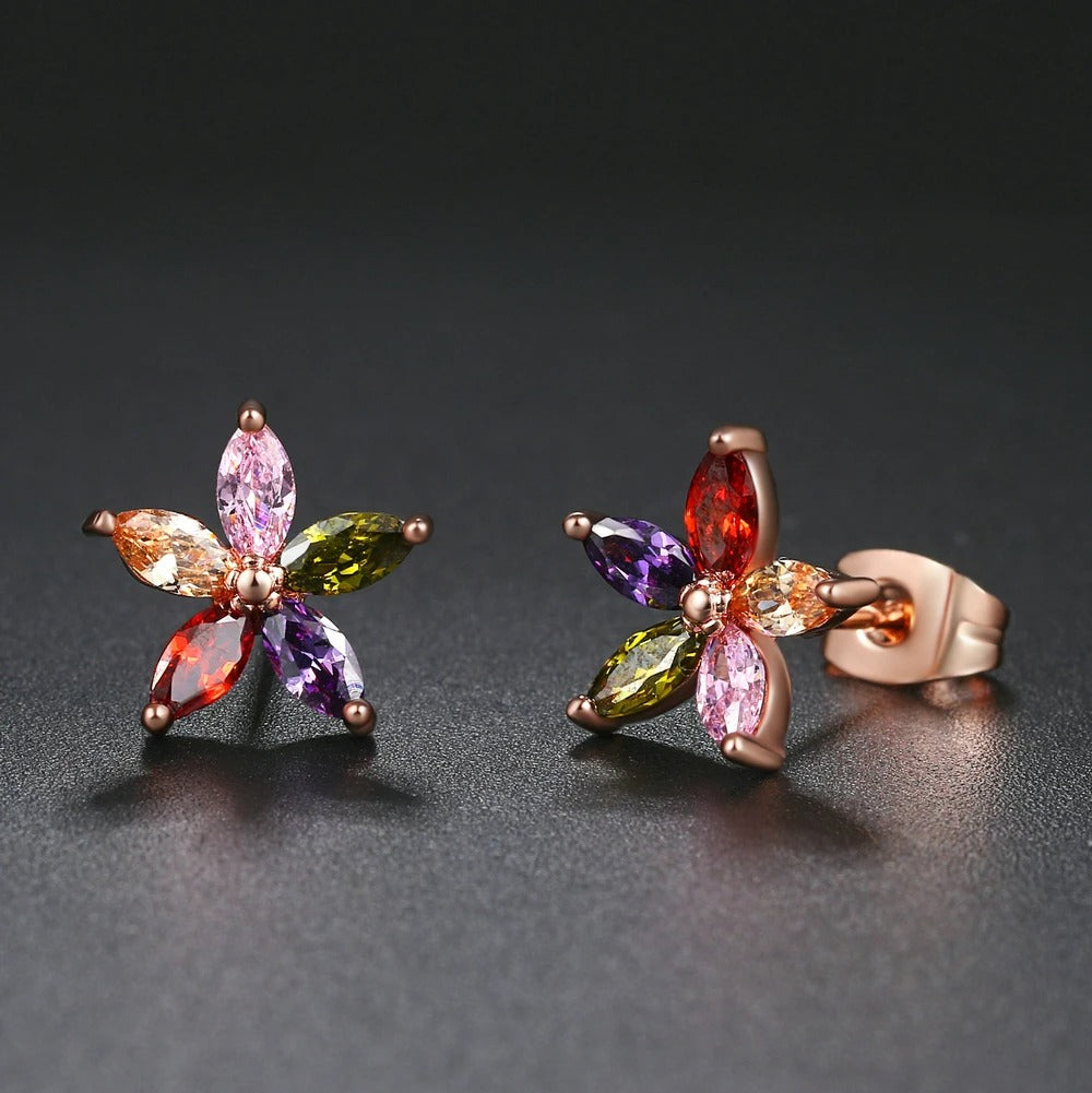 Timeless Rose Gold Flower-Shaped Vibrant Gemstone Earrings-EllyBoutique