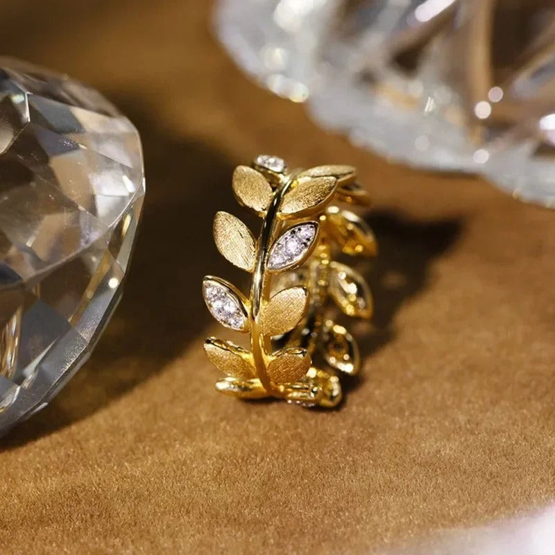 Vintage Gold & Diamond Leaf Crystal Adjustable Ring-EllyBoutique