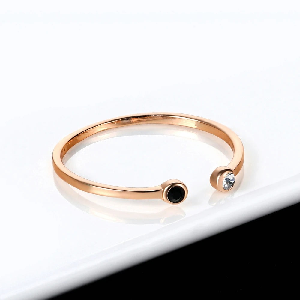 Rose Gold Dual Black & Clear Stone Cuff Ring-EllyBoutique