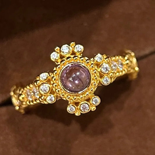 Antique-Inspired Gold & Purple Stone Floral Adjustable Ring-EllyBoutique