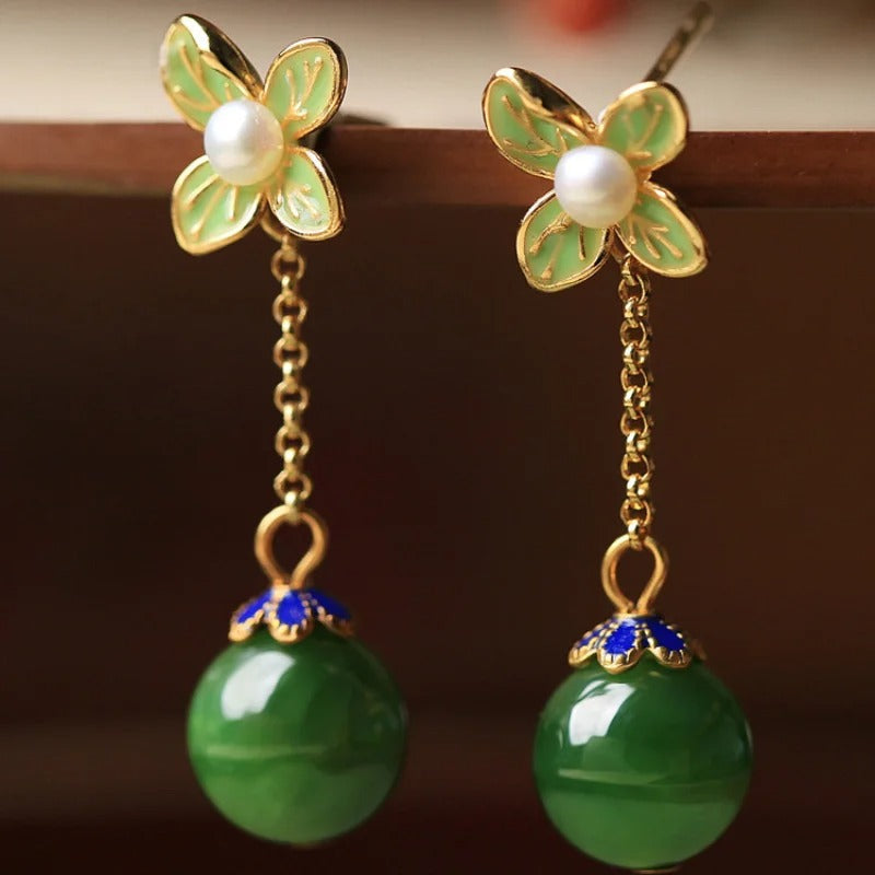 Vintage Gold Pearl Fresh Flower & Green Gemstone Earrings-EllyBoutique