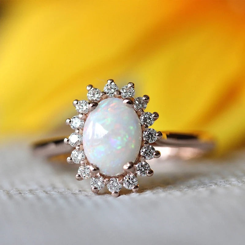 Vintage Rose Gold Oval Opal Gem & Radiant Crystal Border Ring-EllyBoutique