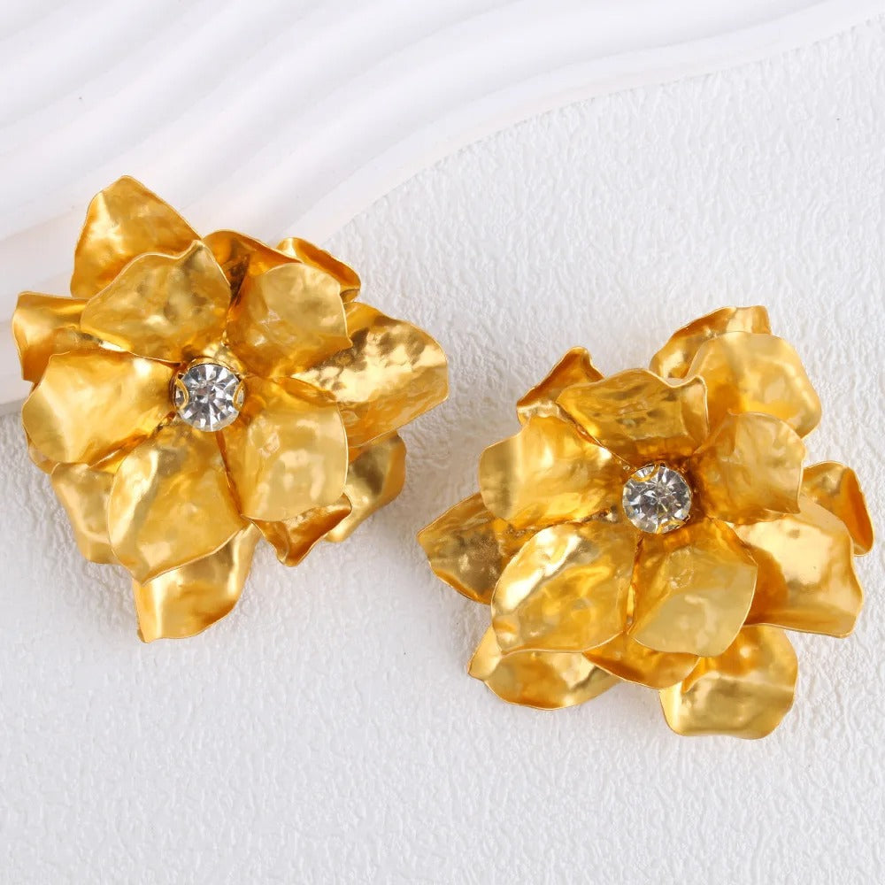 Gold Big Artistic Floral Crystal Earrings-EllyBoutique