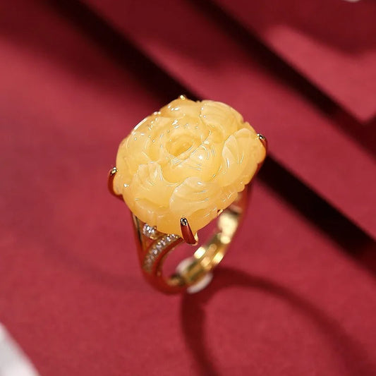Vintage Natural Yellow Peony Flower Adjustable Ring-EllyBoutique