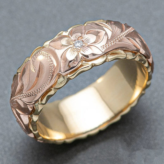 Vintage Rose Gold Flower Engraved Ring-EllyBoutique
